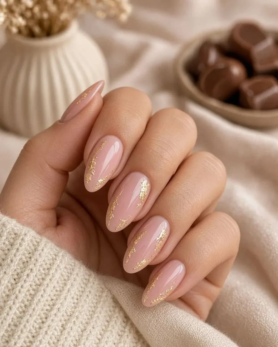 Blush pink almond nails with delicate gold foil